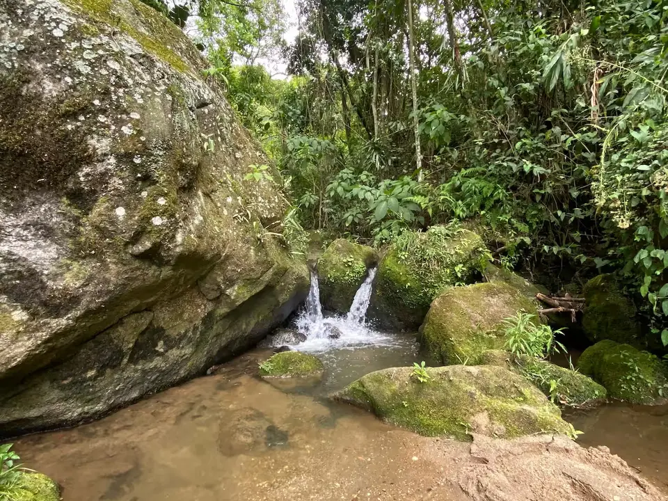 Cachoeira caindo entre pedras cobertas de musgo, no terreno da Casa Verde